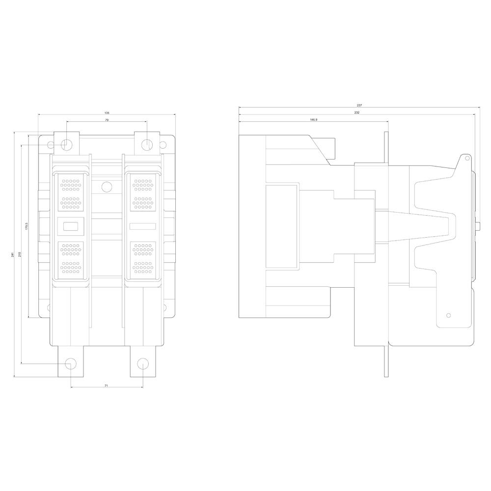 Circuit diagram sketch of an electrical device with technical dimensions in millimetres. Front and side views are shown.