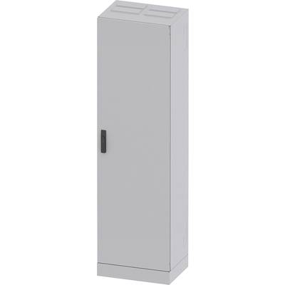 Grey, rectangular steel cabinet with a black door handle, standing upright.