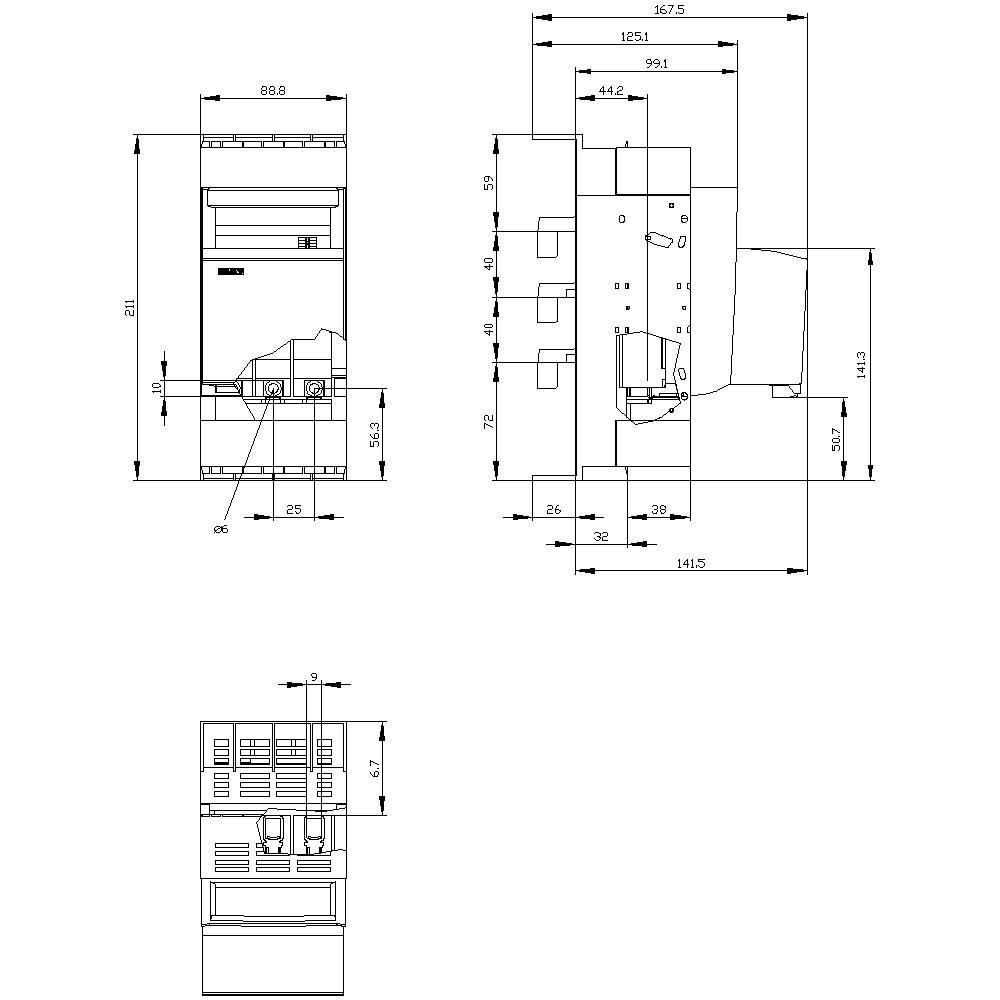 Technical drawing of an electronic device with detailed dimensional specifications in millimetres, showing various views and critical measurements.