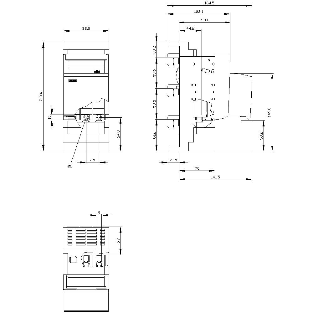 Technical drawing of a machine with detailed dimensions in millimetres. Front, side, and top views are shown.