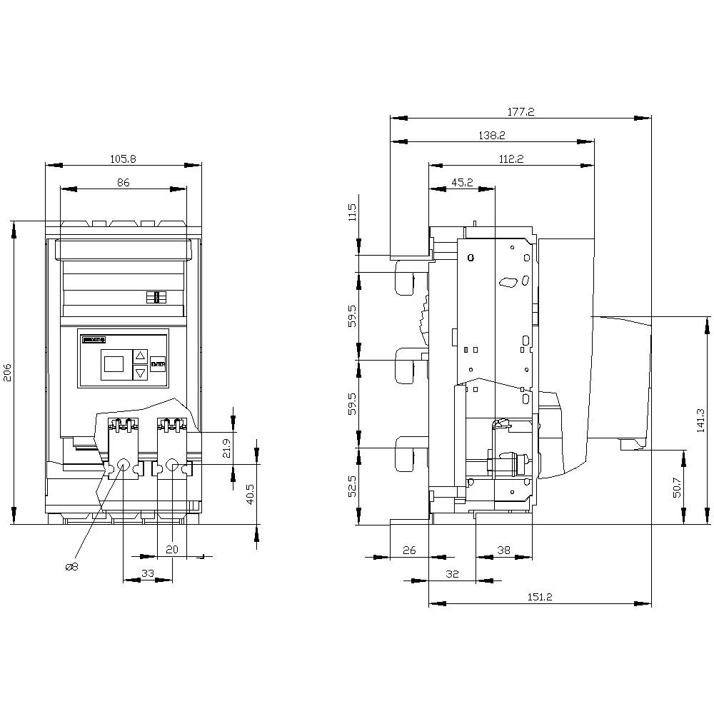 Technical drawing of a device with detailed measurements in mm. Front and side views show height, width, and depth markings.
