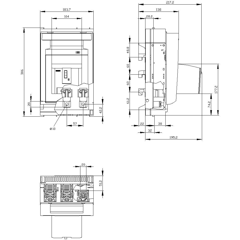 Technical drawing of an electrical switch with front, side, and top views. Dimensions and details are indicated.
