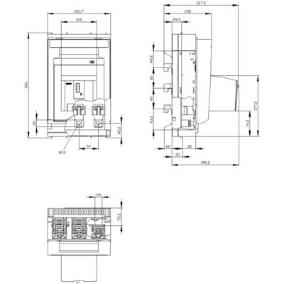 Technical drawing of an electrical switch with front, side, and top views. Dimensions and details are indicated.