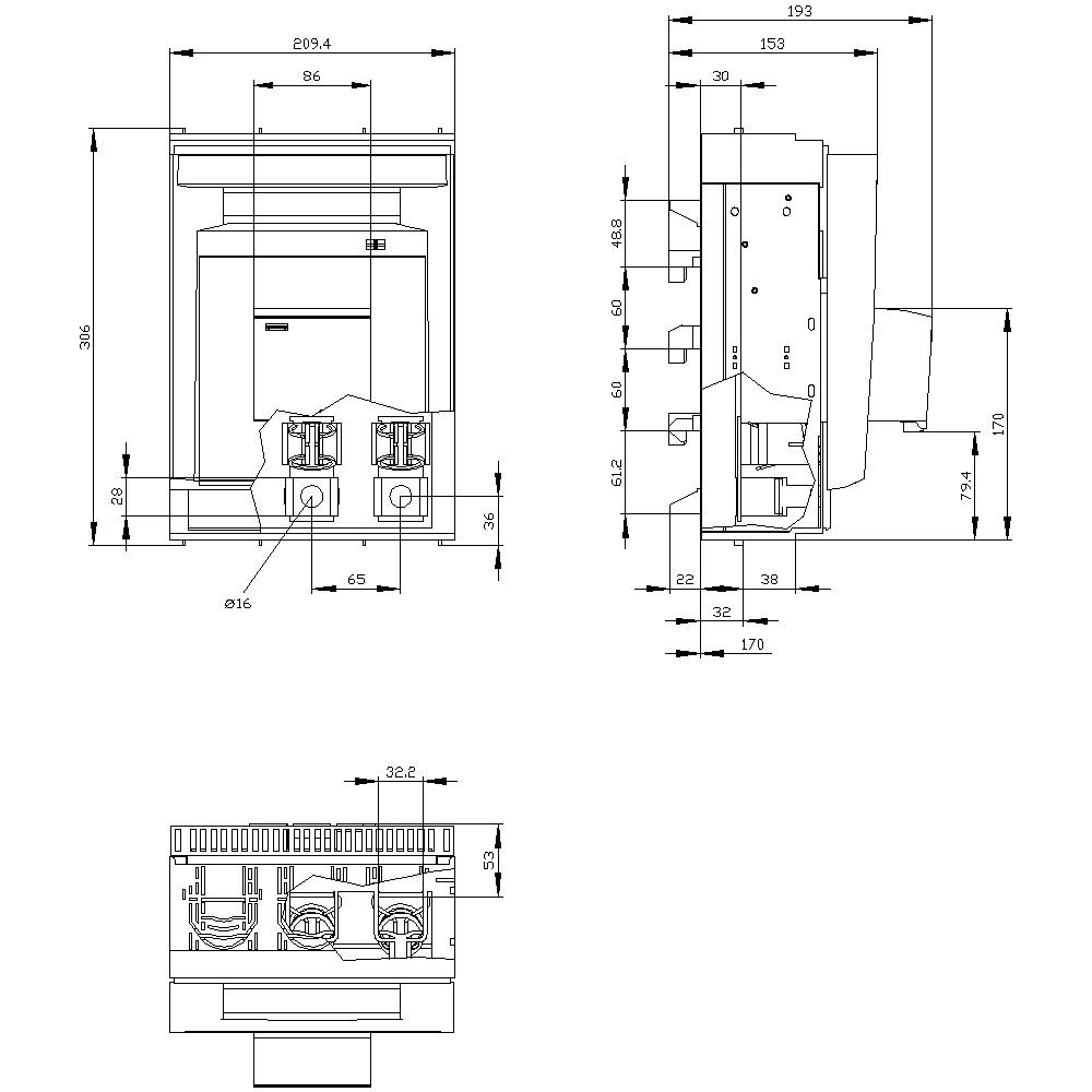 'Technical drawing of an electrical switch with dimensions. Front, side and top views are shown. Measurements in millimetres.'