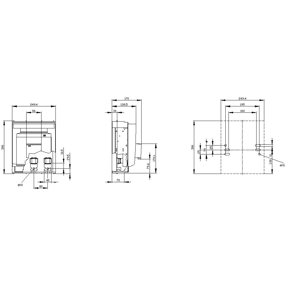 Technical drawing of a machine with front, side, and top views. Dimensions specified in millimetres, detailed measurements and design clearly visible.