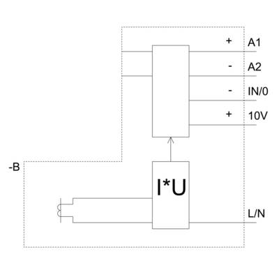 'Schematic diagram of a block circuit diagram: A1, A2, IN/0 and 10V are the inputs, I*U is the output, connected to L/N and -B.'