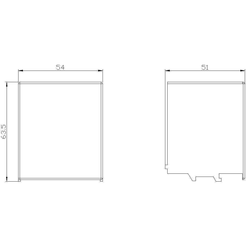 Technical drawing of a square object with dimensions 54x63.5 and 51. It shows two views with dimensioning.