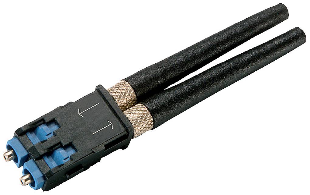 Two black fibre optic cables, connected with a blue LC connector marked with arrows.