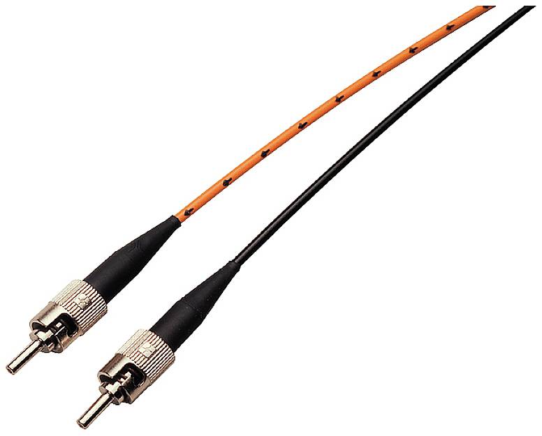 Two coaxial cables with connectors, one with an orange cable jacket and the other black, for audio or video use.