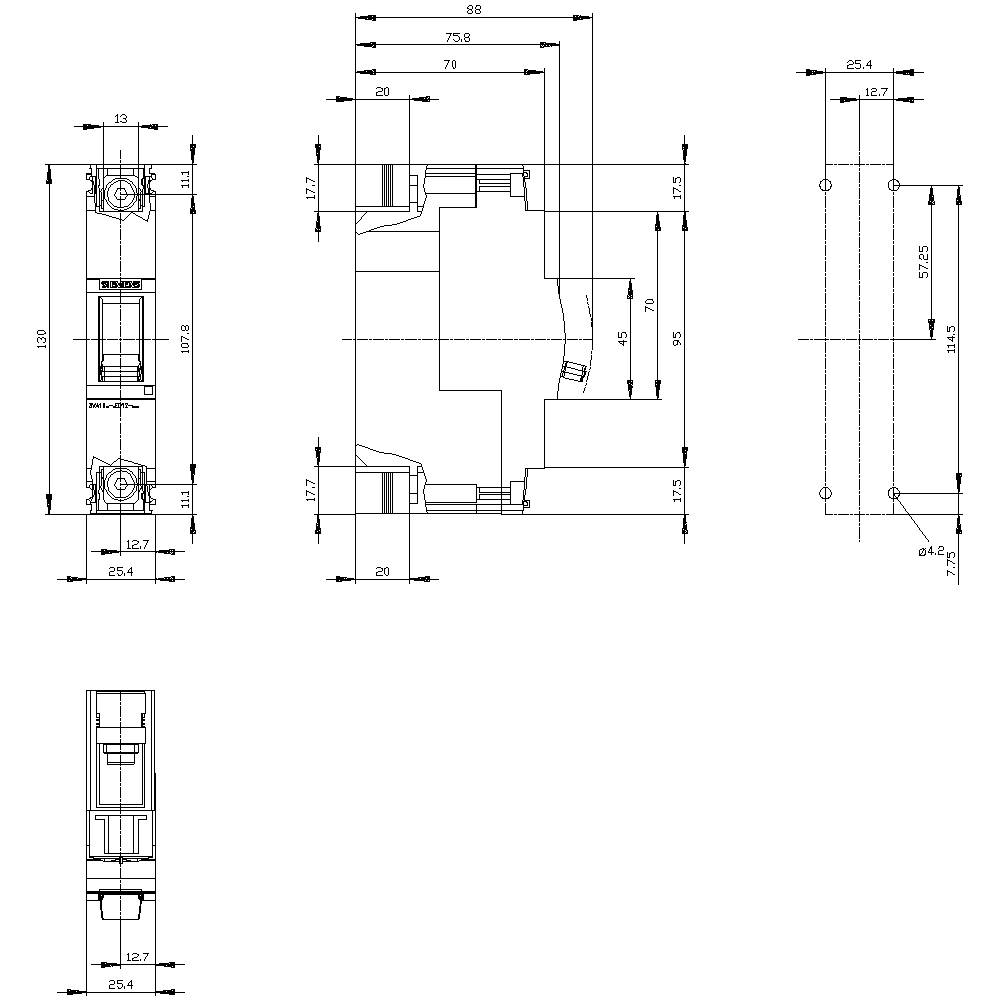 Technical drawing of an electrical component, showing multiple views with precise dimensional measurements in millimetres.