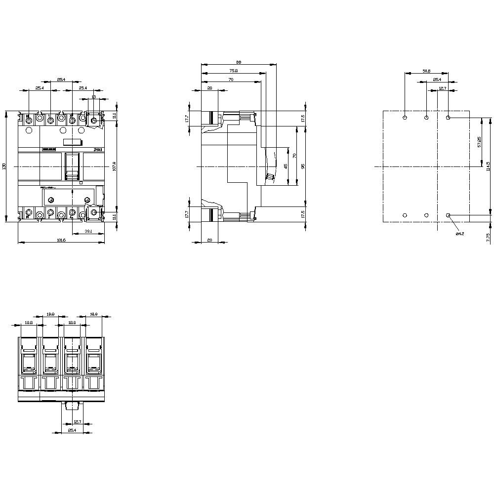 Technical drawing of a four-pole circuit breaker with dimensions and front, top, and side views.