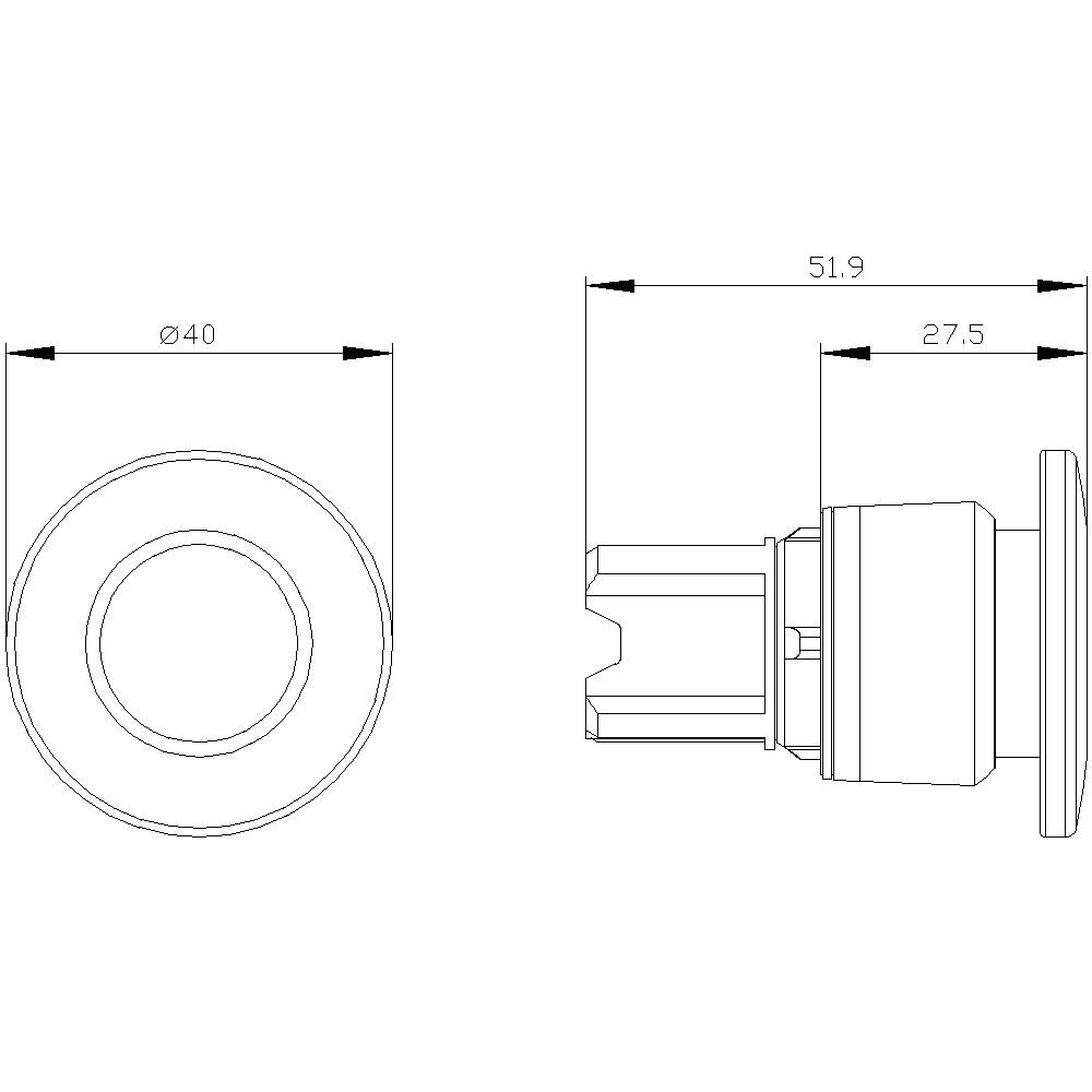Technical drawing of a cylindrical component. Left view from above with diameter specification of 40 mm. Right side view with length 51.9 mm, partial measurement 27.5 mm.