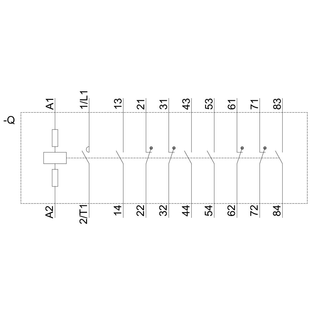 Circuit diagram of an electrical circuit with two switches (A1, A2) and eight numbered contacts (13 to 83) along a line.