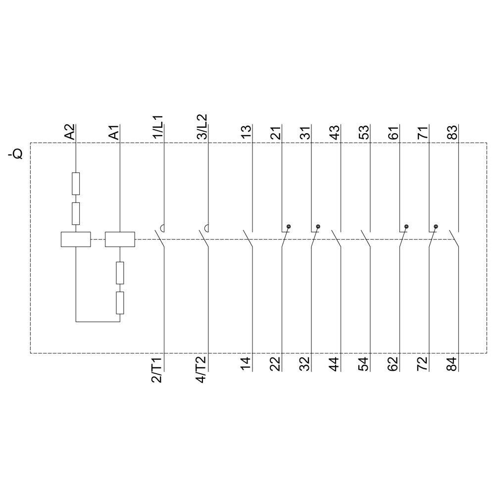 Circuit diagram with 8 inputs and 8 outputs. Inputs A1, A2 with switches, outputs numbered from 14 to 84. Connecting lines show the switching relationships.