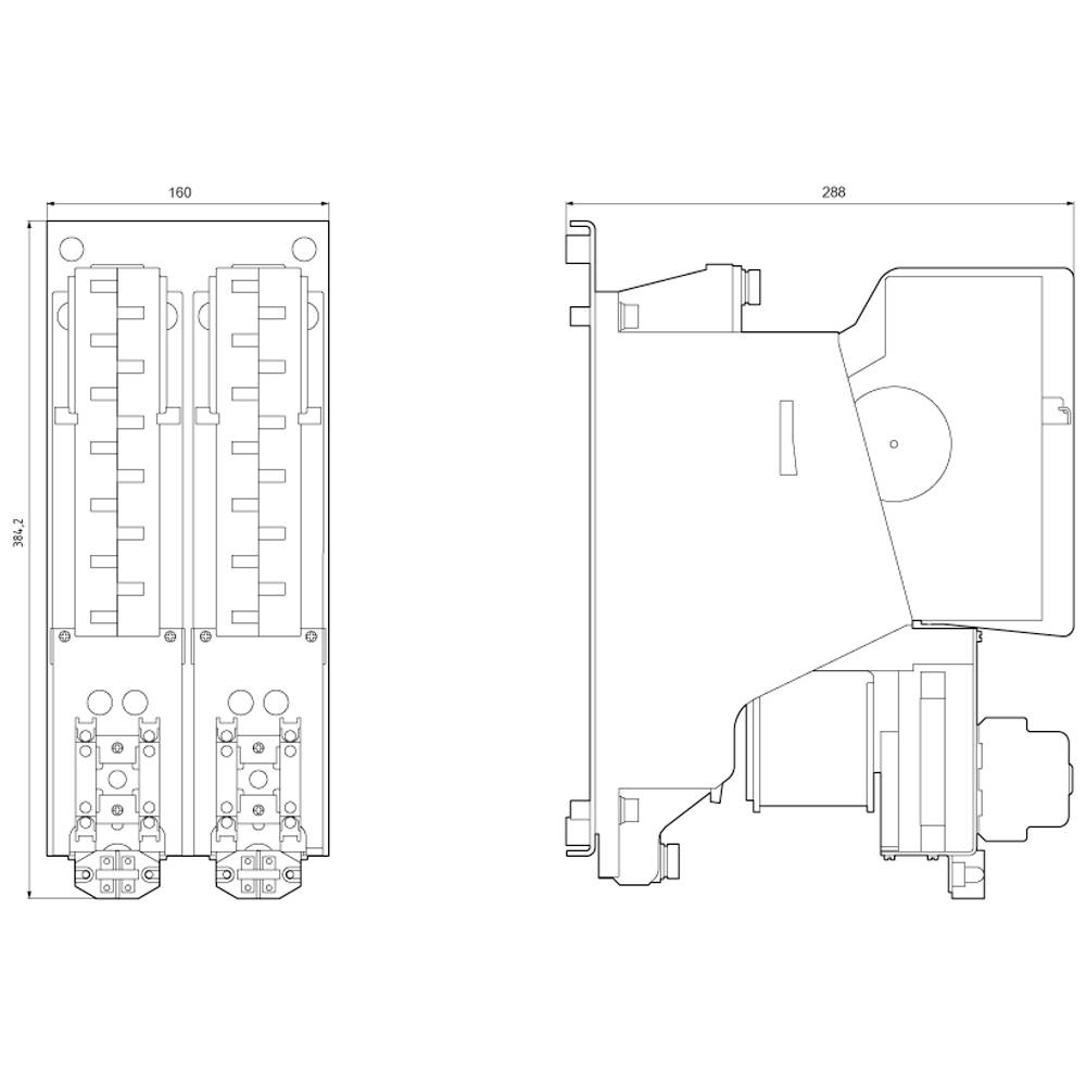 Technical drawing of two connected devices with dimensions 160x352 and 288 width, side and front view, without details.