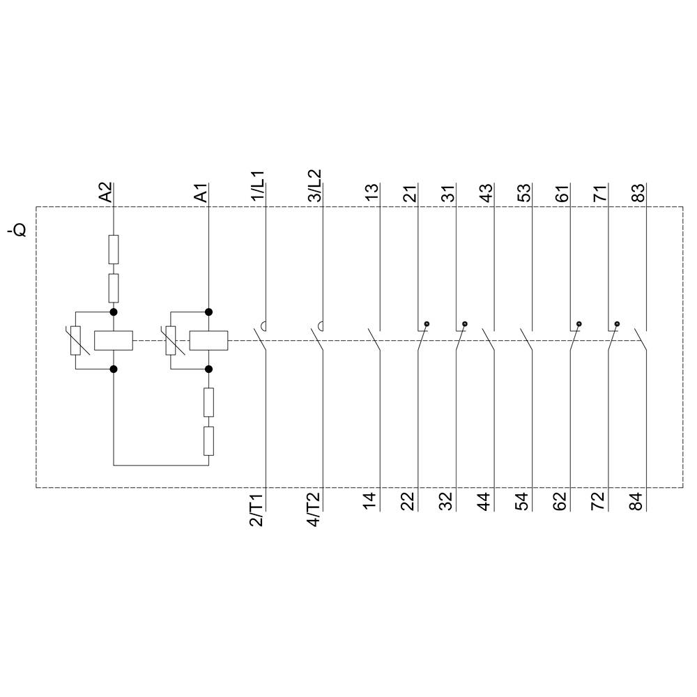 Circuit diagram of an electrical switchboard with two main switches (A1, A2) and multiple numbered terminals from 11L1 to 83.