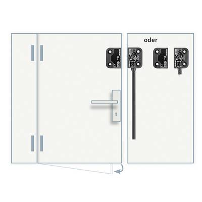 Illustration of a door with two variants of safety switches for monitoring the door position. Both switches are mounted beside the door.