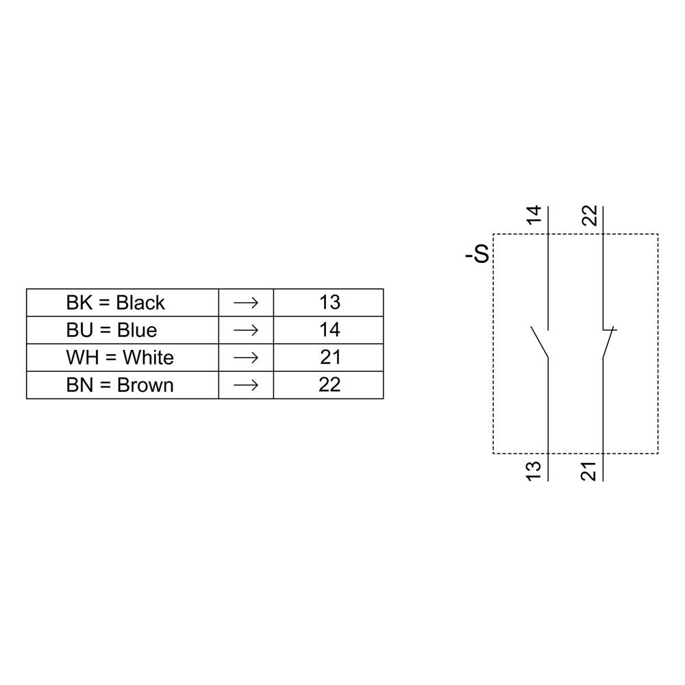 'Wiring table with colour codes: BK = Black → 13, BU = Blue → 14, WH = White → 21, BN = Brown → 22. Diagram shows cable connection.'