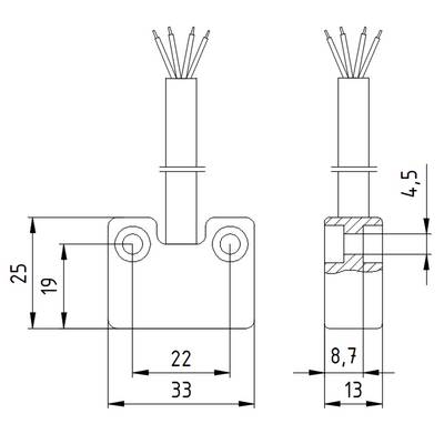 Technical drawing of an electrical component with dimensions: Overall width 33 mm, height 25 mm, contact area 22 mm, depth 8.7 mm.