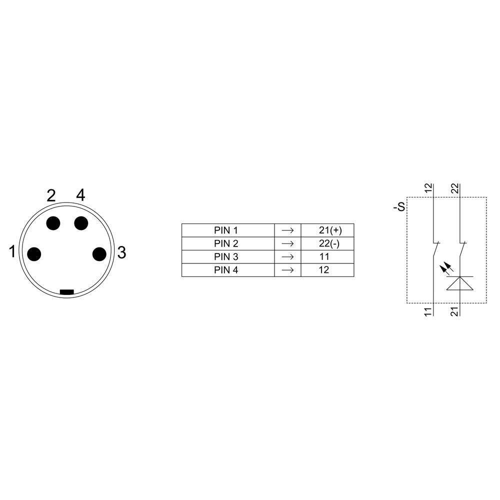 'Diagram of a 4-pin connector with pin numbers 1 to 4. Table shows pin assignment: Pin 1 to 21(+), Pin 2 to 22(-), Pin 3 to 11, Pin 4 to 12. Circuit diagram shows connection between 21, 22 and a diode.'