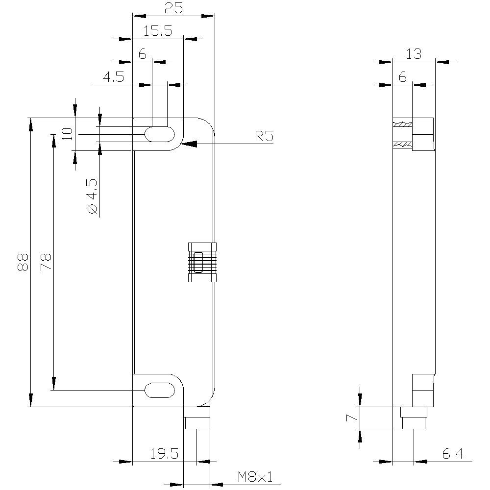 Technical drawing of a rectangular component with multiple dimensions. Details: lengths, hole diameters, and thread sizes.