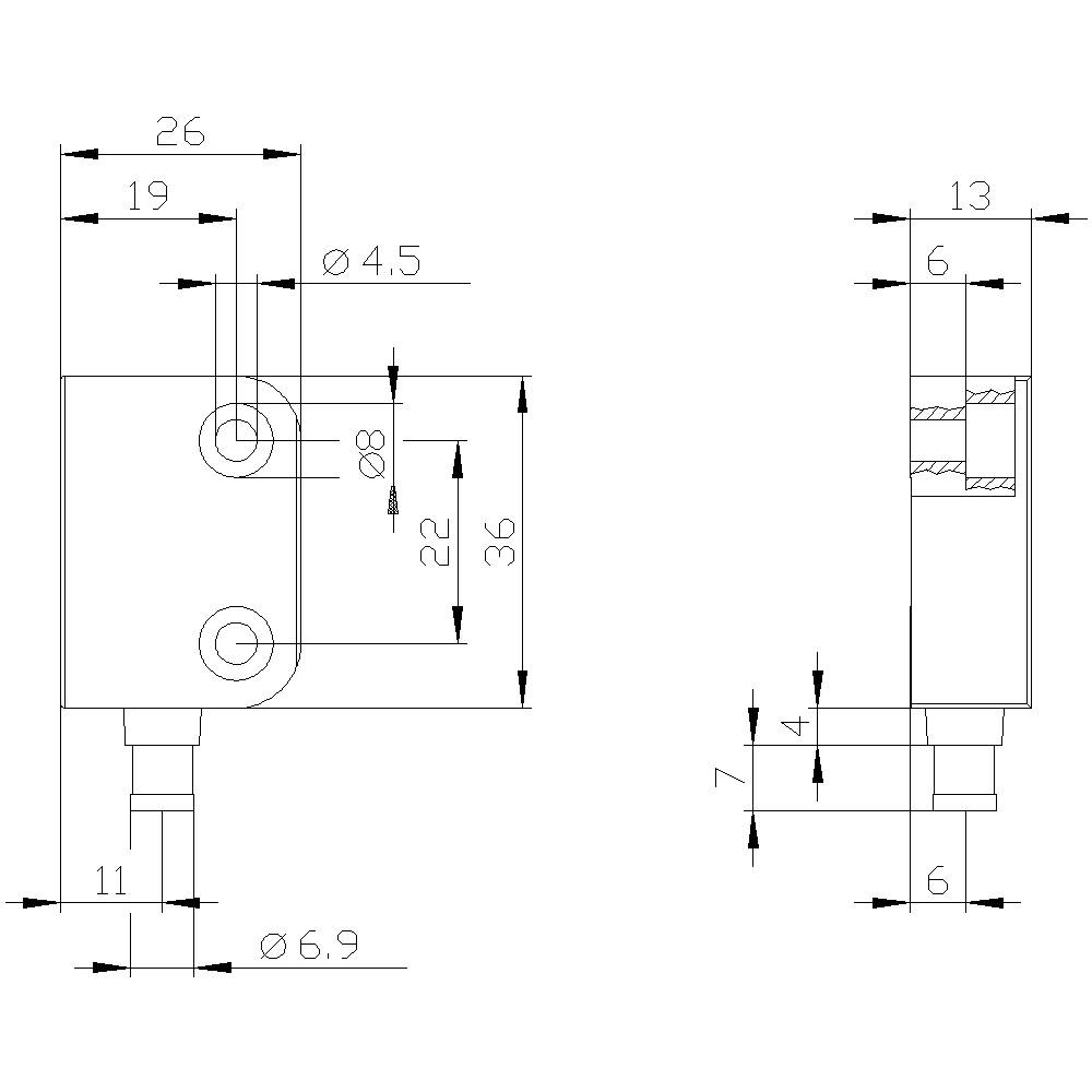 Technical drawing of a mechanical component with dimensions: Total length 36 mm, width 26 mm, bore diameter 4.5 mm, 2 layers visible.