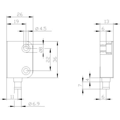 Technical drawing of a mechanical component with dimensions: Total length 36 mm, width 26 mm, bore diameter 4.5 mm, 2 layers visible.
