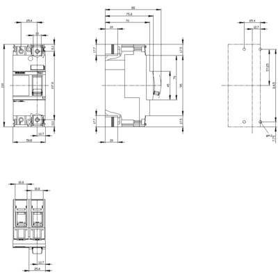 Technical drawing of an electrical device with three views: front view, side view, and top view, including dimensions.