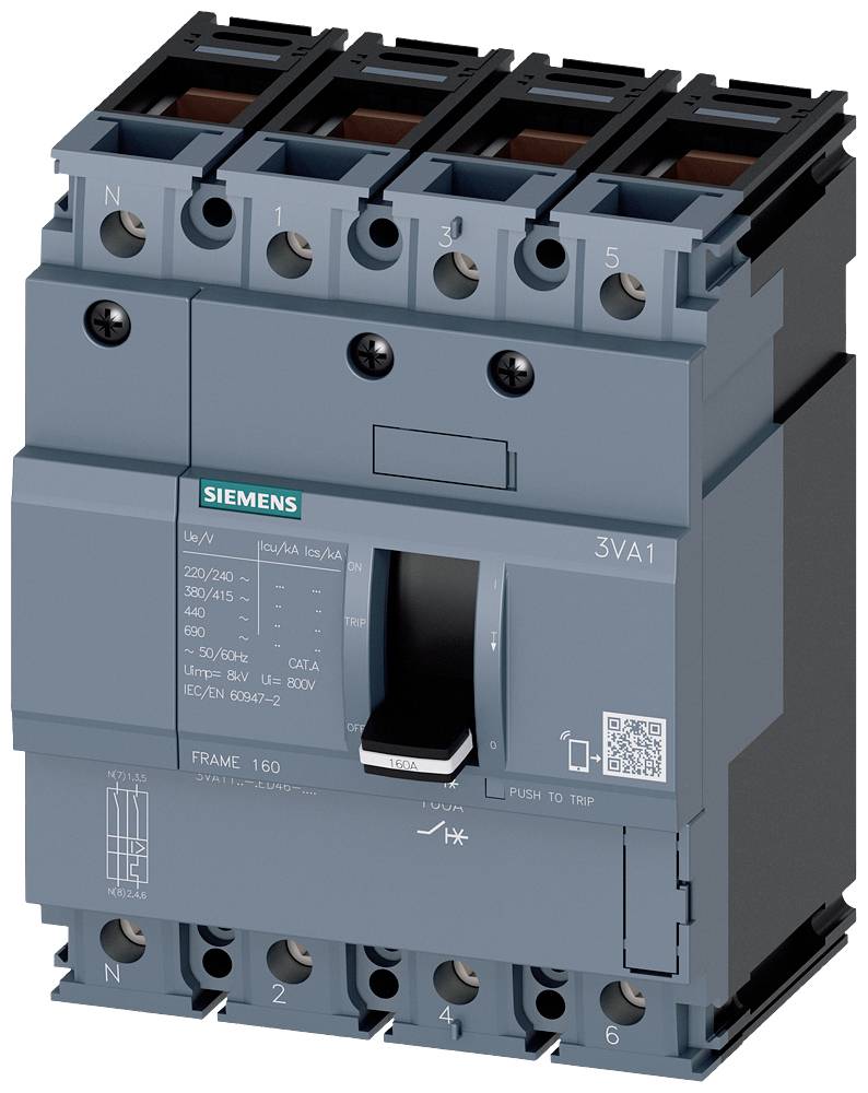 Siemens circuit breaker, model 3VA1, with multiple connection terminals and a main switch in the centre.