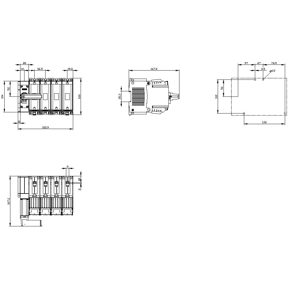 Technical drawing of an electrical device with multiple views and dimensional specifications. Shows dimensions and connection details.