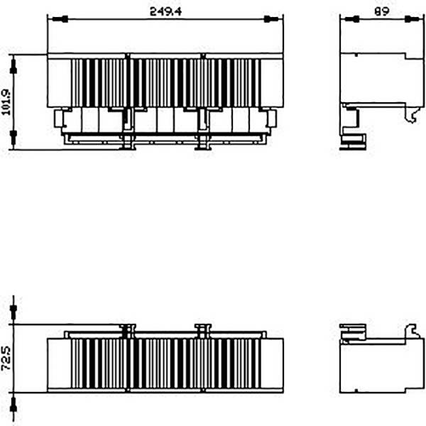 Technical drawing of a rectangular heatsink measuring 249.4 x 101.9 x 89 mm with detailed top, front, and side views.