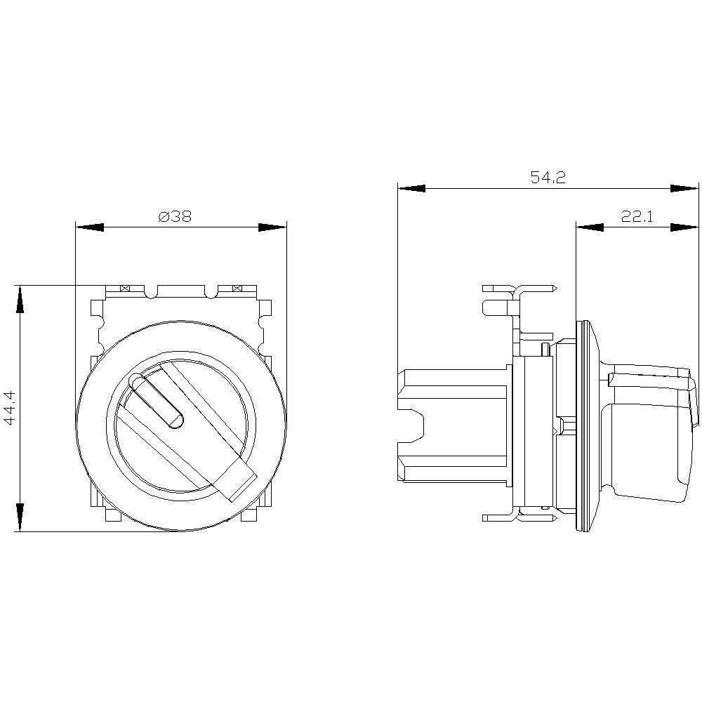 Technical drawing of a round switch with dimensions: 38 mm diameter, 54.2 mm length, 44.4 mm width, right side view.