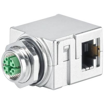 Metallic connection adapter with a round, green plug on one side and a rectangular Ethernet port on the other side.