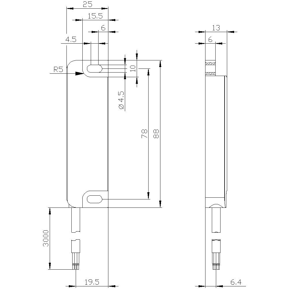 Technical drawing of a component, front and side view. Contains precise dimensions such as height 88 mm, width 25 mm and bore Ø4.5 mm.