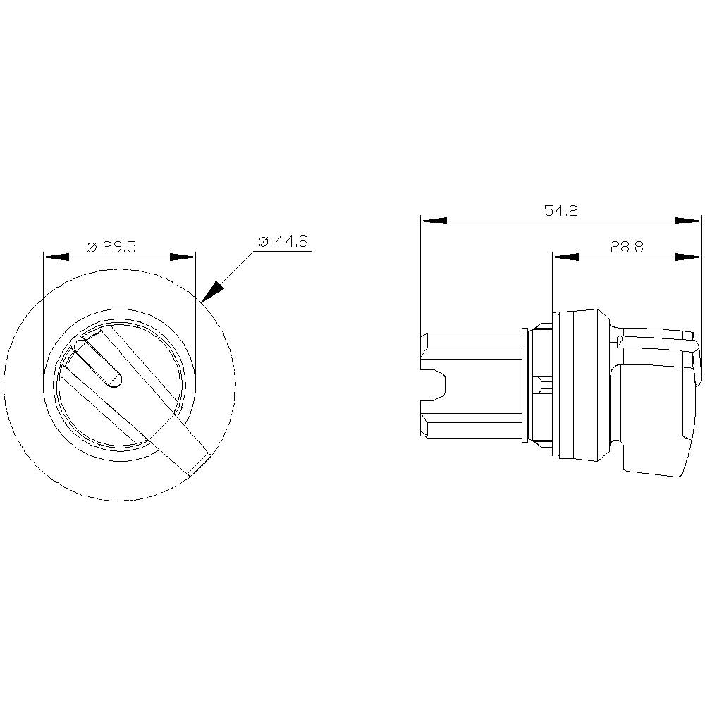 Technical drawing of a cylindrical component with two perspectives: Top view with Ø 44.8 mm and side view with 54.2 mm length. Dimensions are indicated.