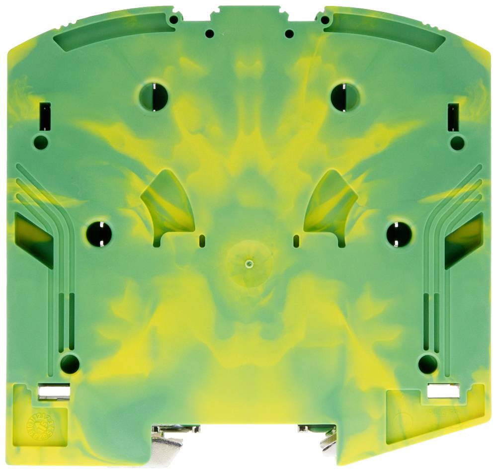 A green and yellow plastic casing with four holes and two notches. Possibly an enclosure for an electronic device.