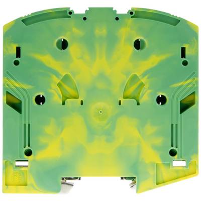 A green and yellow plastic casing with four holes and two notches. Possibly an enclosure for an electronic device.