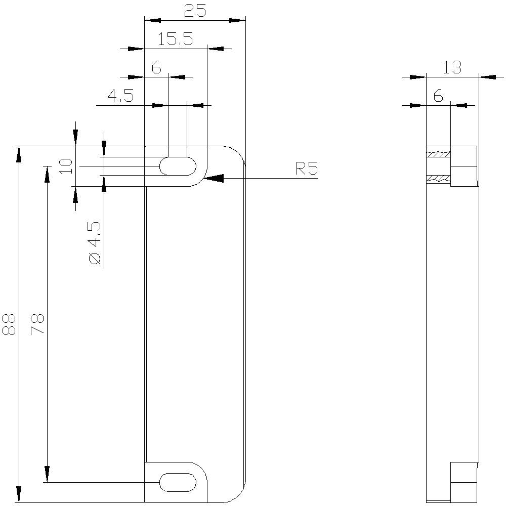 Technical drawing of a metal part with dimensions: Height 88 mm, Width 25 mm. Hole diameter 4.5 mm, Radius 5 mm, Thickness 6 mm.