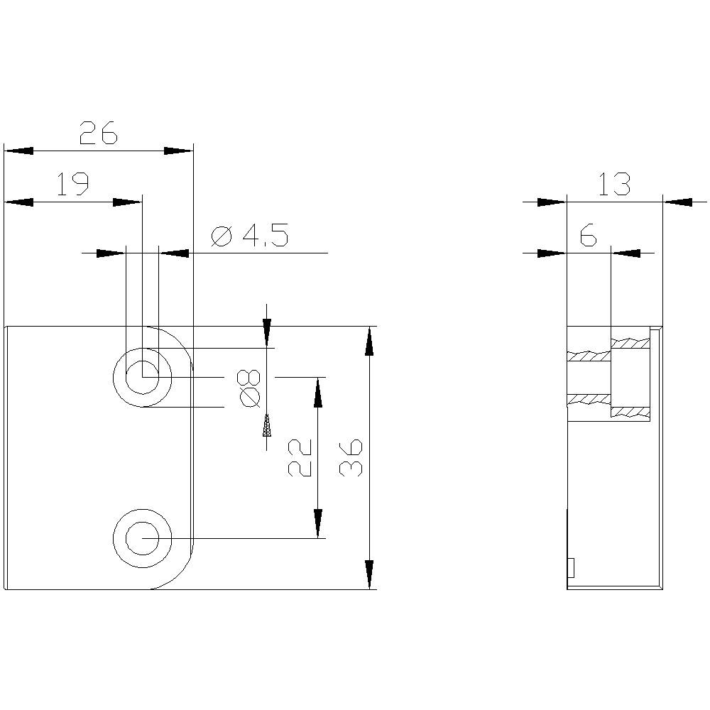 Technical drawing of a component with dimensions. Front view shows 26 mm width, side view shows 13 mm depth. Holes Ø 4.5 mm and Ø 8 mm.