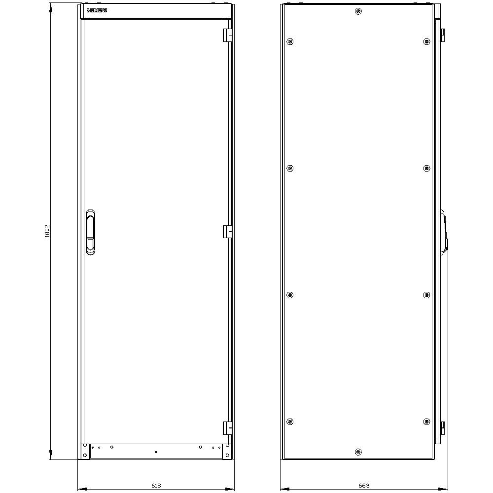 'Technical drawing of an electrical cabinet, front and side view with dimensions: height 1801 mm, width 648 mm, depth 663 mm.'