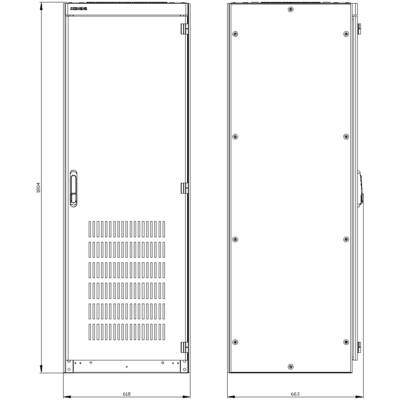 Front and rear view of the cabinet. Dimensions: Height 1804 mm, width 648 mm at the front, 663 mm at the rear. Handle and ventilation slots on the front.