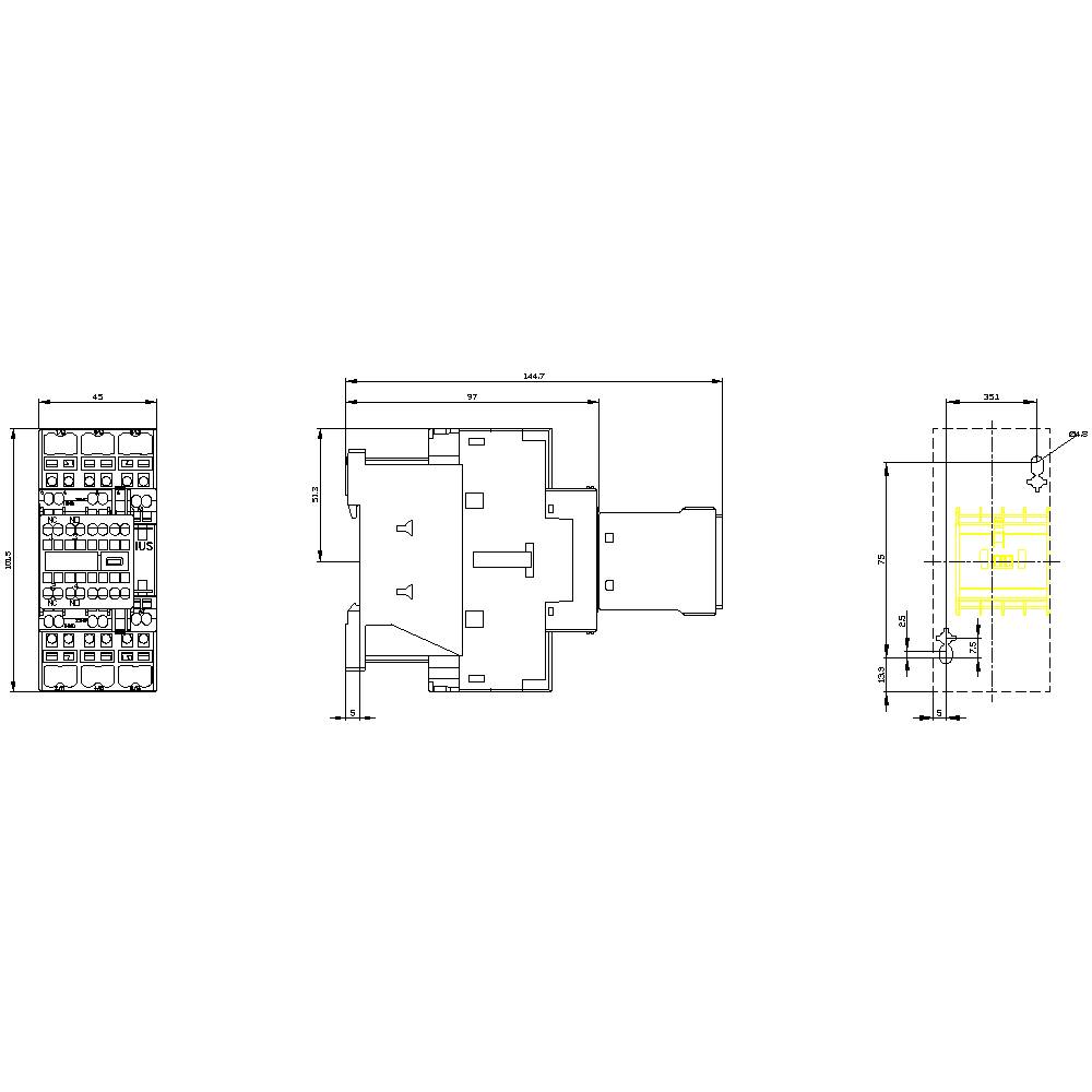 Technical drawing of an electrical component with multiple views and dimensional specifications. Shows design and dimensions in detail.