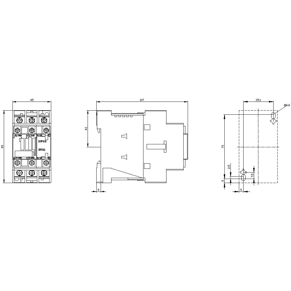 Technical drawing of an electronic component with three views: front view, side view, and top view. Dimensions given in millimetres.