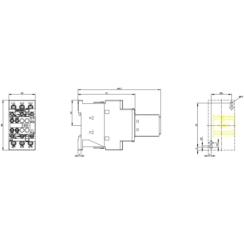 Technical drawing of an electrical plug with dimensions in millimetres. Shows front, side, and top views with detailed specifications.