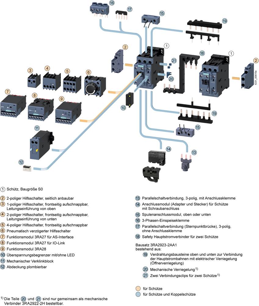 The diagram shows the structure of a circuit breaker with components such as auxiliary switches, connection terminals, and functional modules. A numbered legend explains the parts.