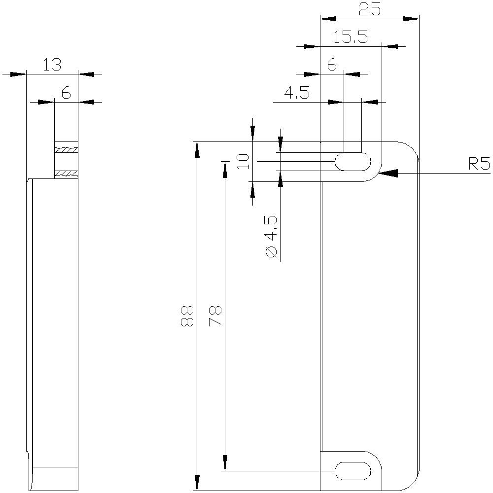Construction drawing of a rectangular metal piece with rounded corners. Dimensions: length 88 mm, width 25 mm, holes ø4.5 mm.