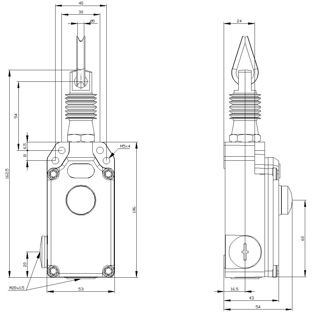 Technical drawing of a mechanical switch with detailed dimensions in millimetres, including width, height, and mounting holes.