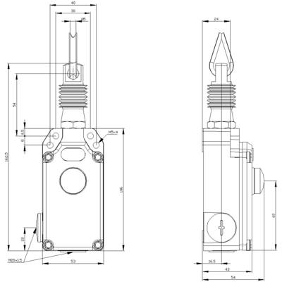 Technical drawing of a mechanical switch with detailed dimensions in millimetres, including width, height, and mounting holes.