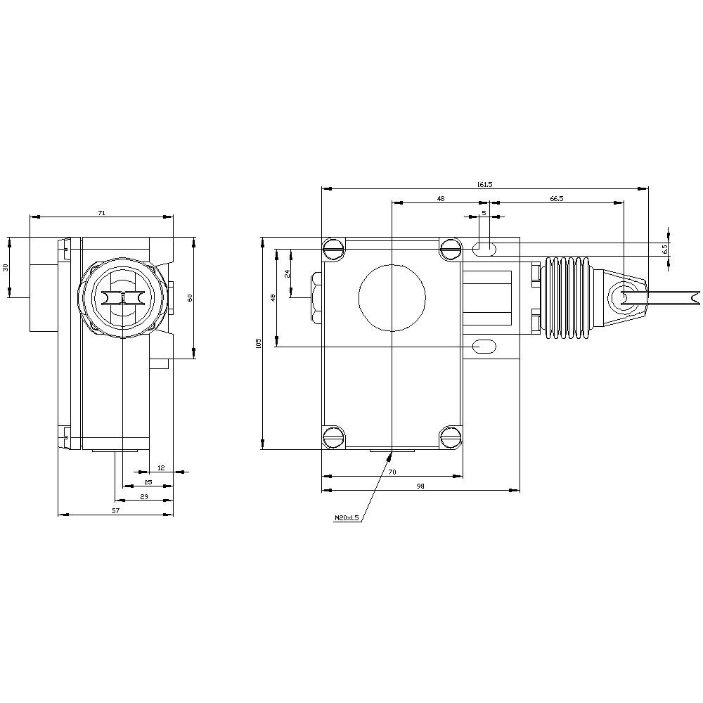 Technical drawing of an electrical plug with dimensions. Two views show the connection points and dimensions of the plug component.