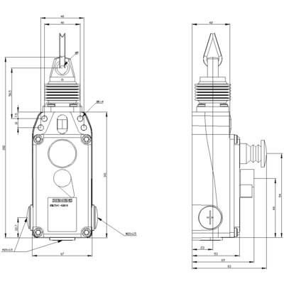 Technical drawing of an electrical switch from two side views with detailed dimensional specifications.